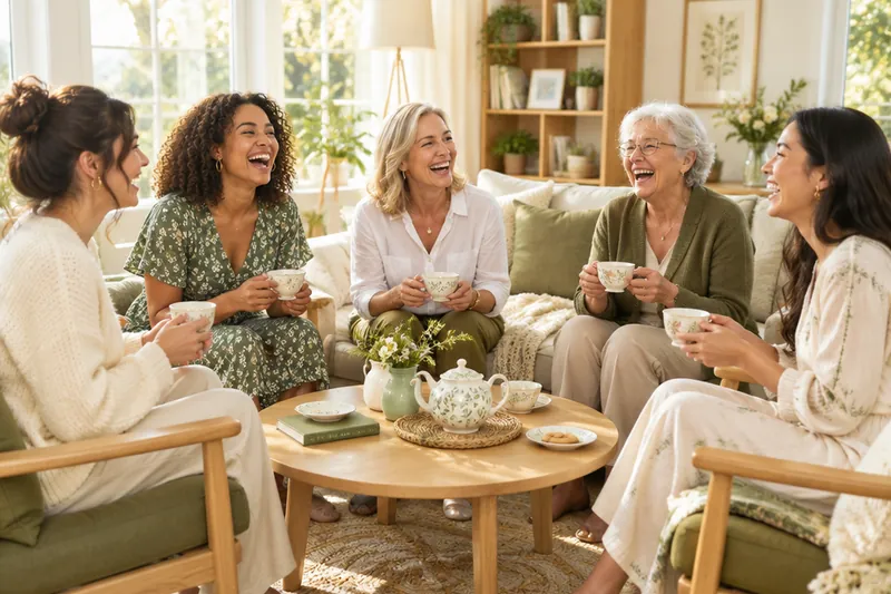 Fünf Menschen sitzen im hellen Wohnzimmer im Kreis und reden