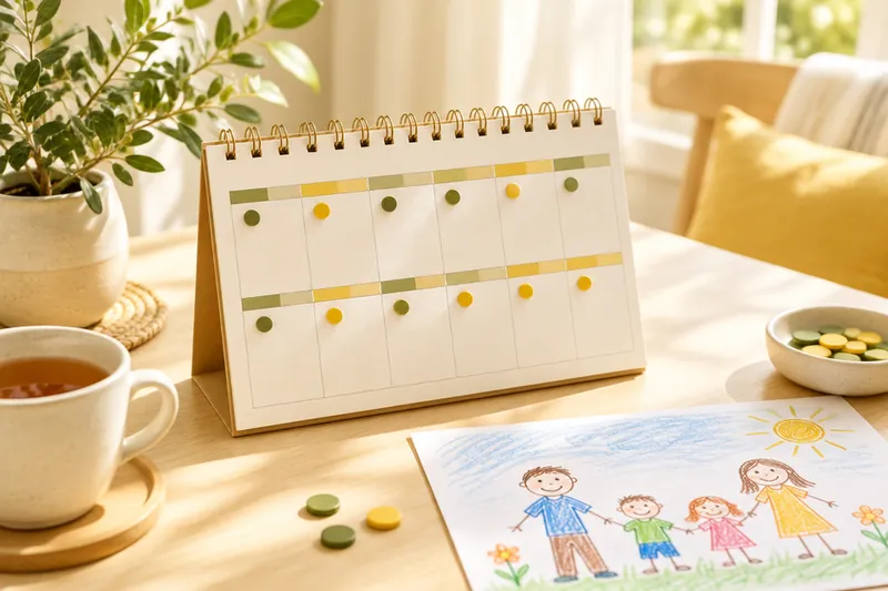 Ein Tischkalender für zwei Wochen mit olivgrünen und sandfarbenen Punkten auf den Tagen