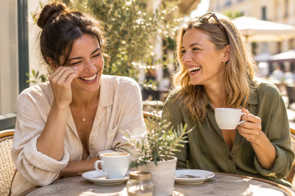 Zwei Menschen lachen zusammen an einem sonnigen Cafétisch