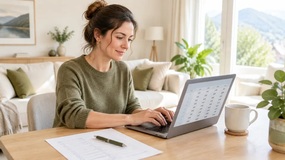 Eine Frau sitzt am hellen Tisch am Laptop, daneben eine Checkliste