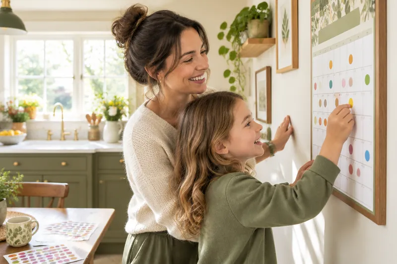 Ein Familienkalender mit farbigen Punkten hängt in der hellen Küche an der Wand