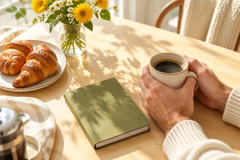 Ein Heft mit olivgrünem Umschlag liegt auf dem Tisch, daneben die Hände eines Mannes mit einer Tasse